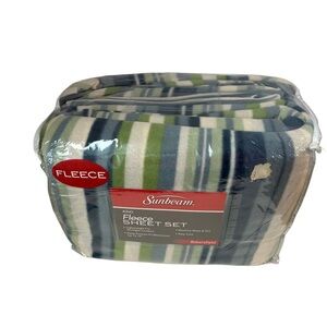 Sunbeam King Fleece Sheet Set Striped Green Blue Bakersfield (NWT).